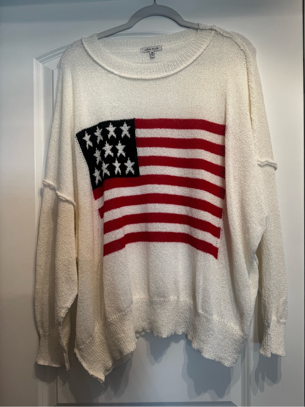 white birch Cream Crewneck Sweater with Red & Navy Flag Motif
